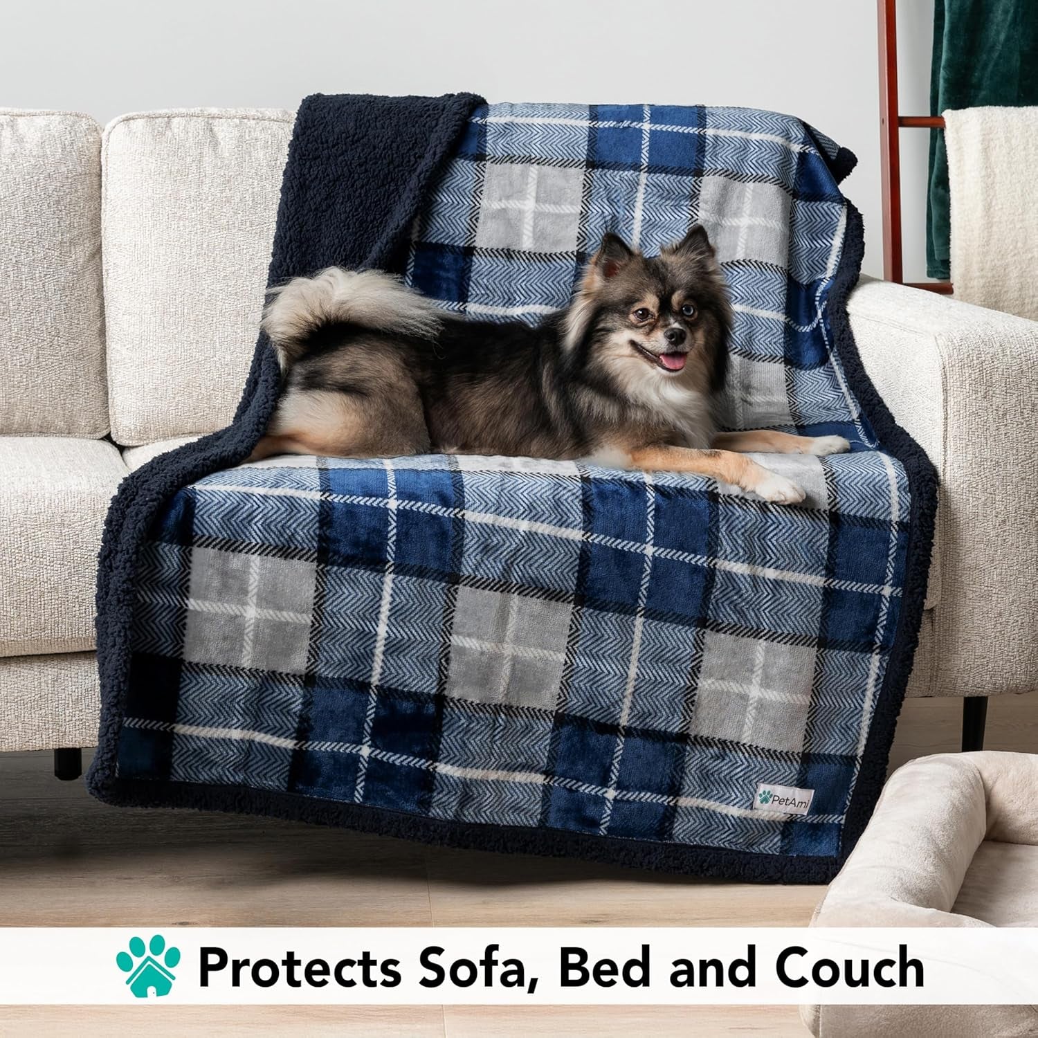Dog Blanket, Plaid Sherpa Dog Blanket | Plush, Reversible, Warm Pet Blanket for Dog Bed, Couch, Sofa, Car (Navy, 60X80 Inches)