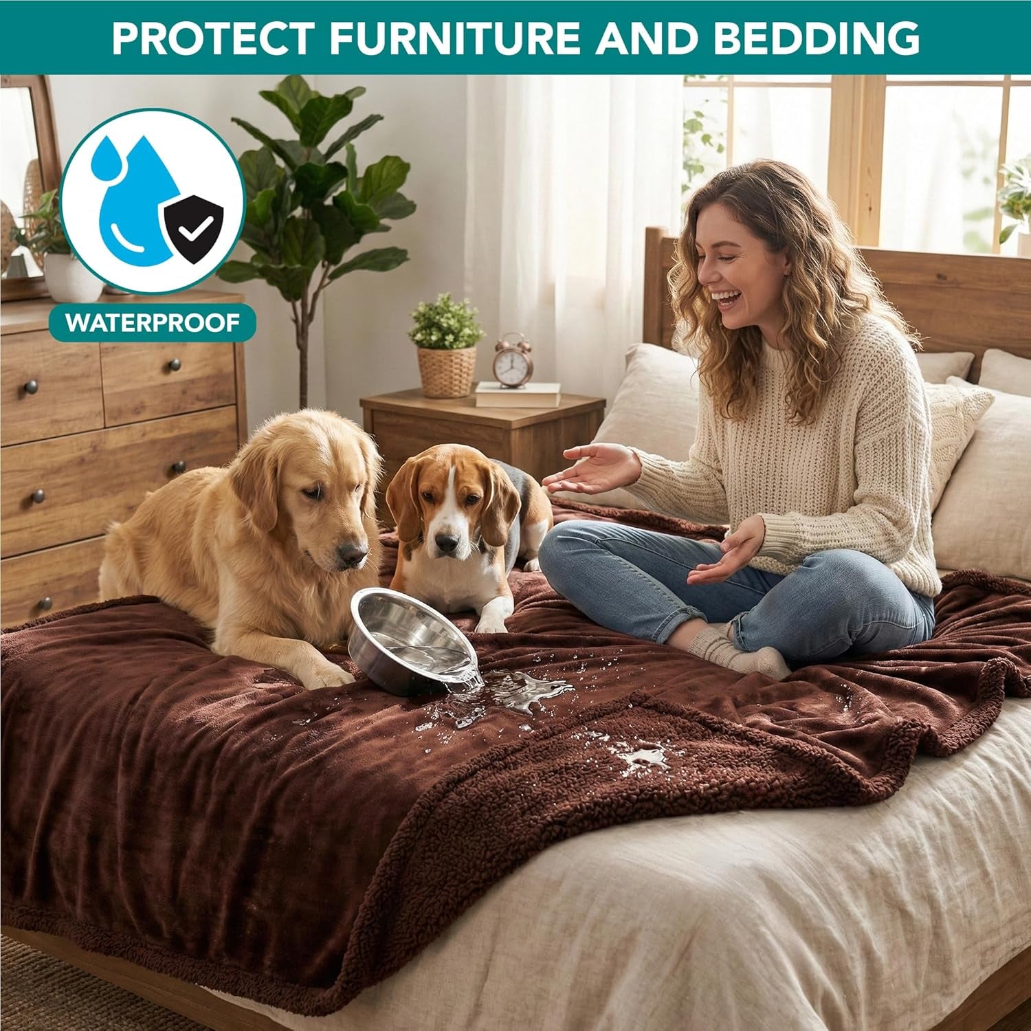 Waterproof Dog Blanket for Bed, Couch, Sofa | Waterproof Dog Bed Cover for Large Dogs, Puppies | Sherpa Fleece Pet Blanket Furniture Protector | Reversible Microfiber