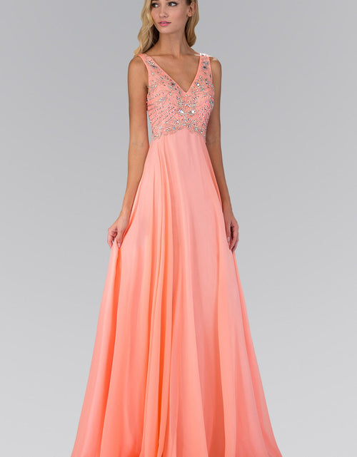 Load image into Gallery viewer, V Neck and Back Chiffon Floor Length Dress with Jewel and Sequin Bodice
