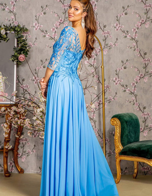 Load image into Gallery viewer, Bead Embroidery Sheer Neckline V-back Chiffon A-line Long Dress
