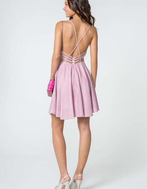 Load image into Gallery viewer, Illusion Deep V-Neck Glitter Crepe Short Dress w/ Strap Back
